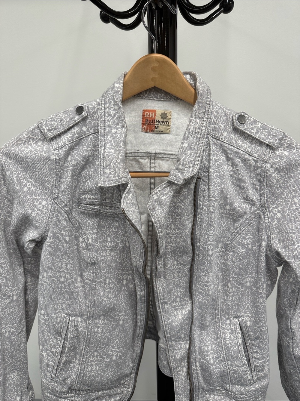 Ruff Hewn Light Gray Printed Moto Jacket